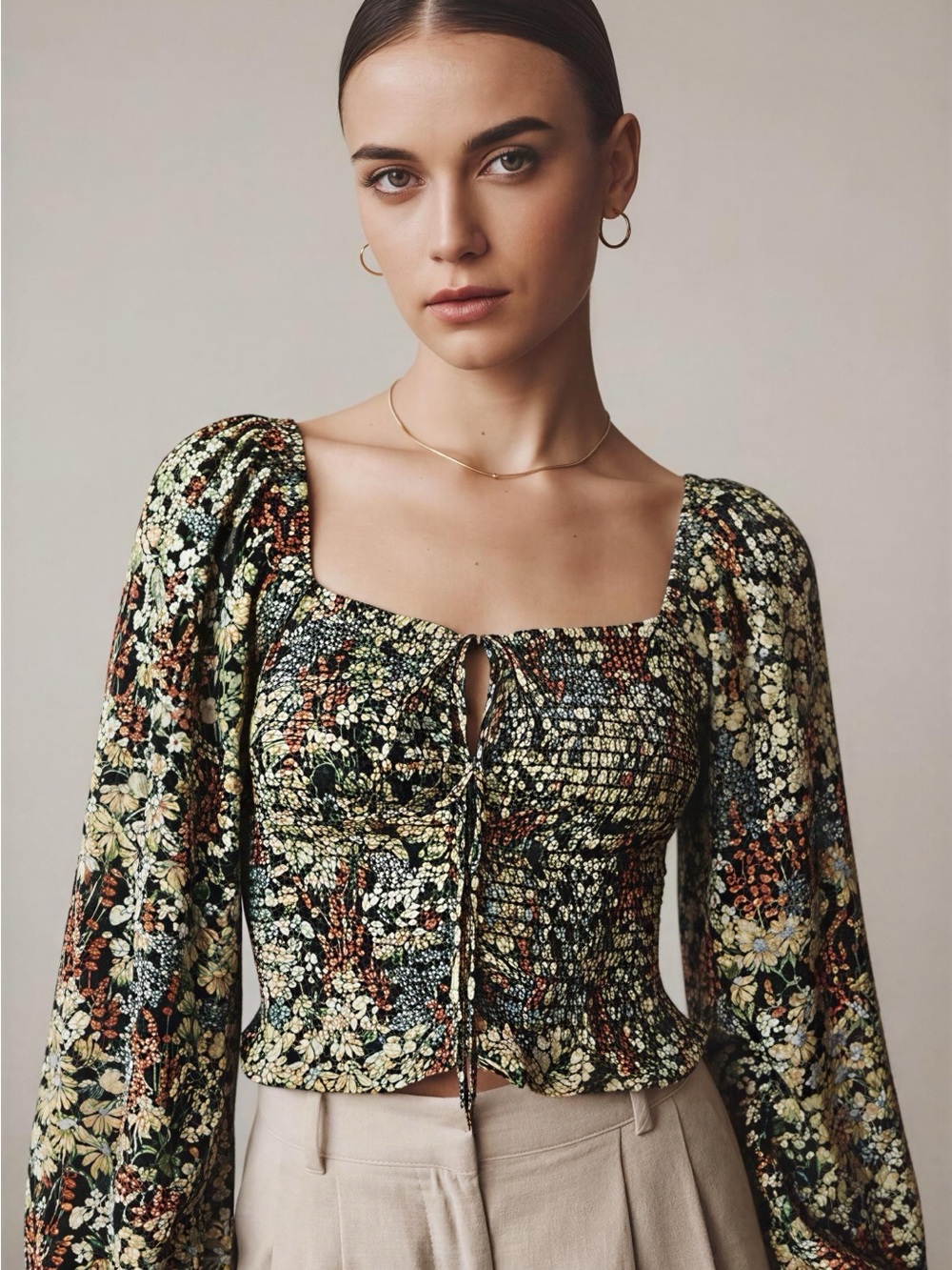 H&M Black Floral Smocked Square-Neck Crop Top with Puff Sleeves